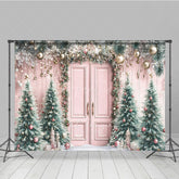 Aperturee - Aperturee Pink Christmas Door Photography Backdrop Flocked Trees with Rose Gold Ornaments Whimsical Holiday Photo Background